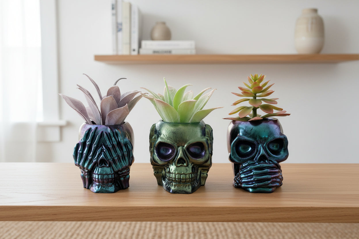 Handcrafted Skull Planter Trio