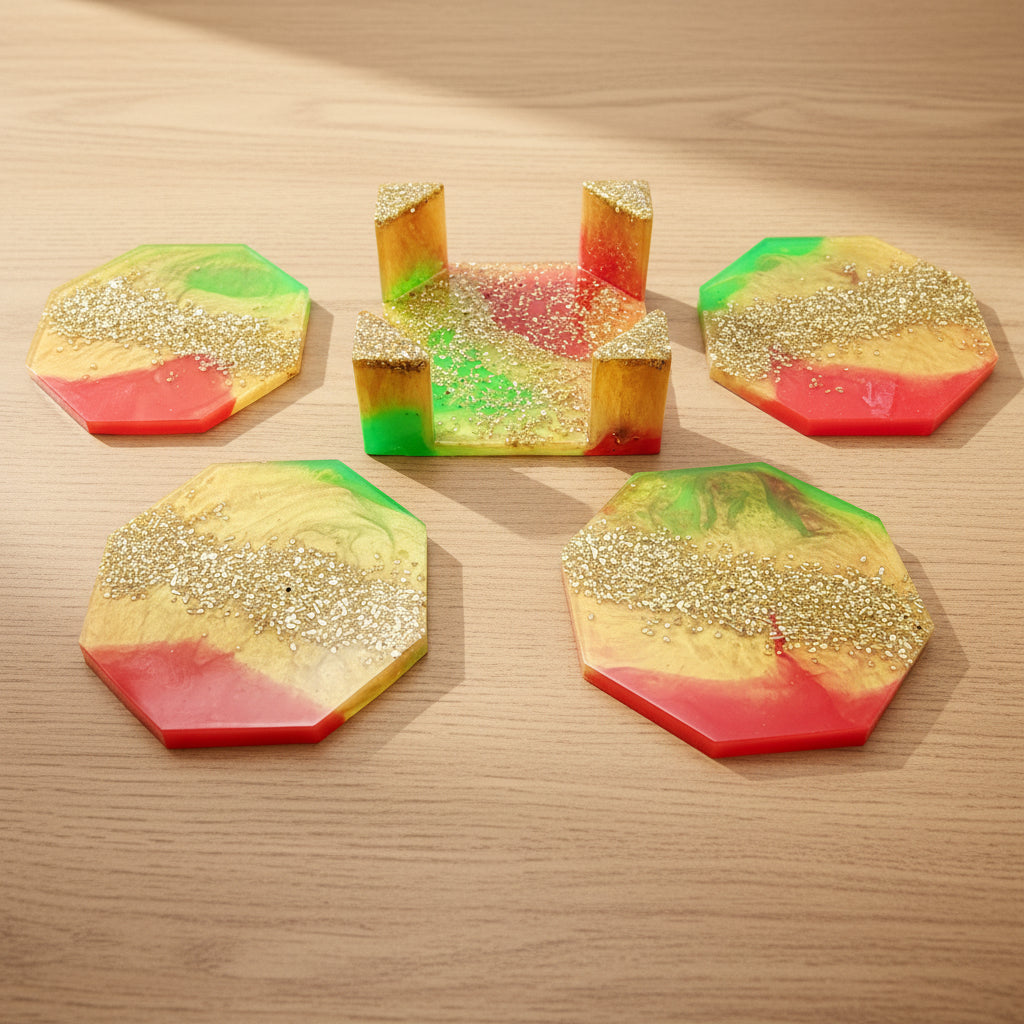Red/Gold/Green Octagonal Coaster Set with Stone Detail