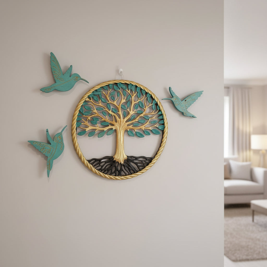 Golden Tree of Life Wall Art with Hummingbirds