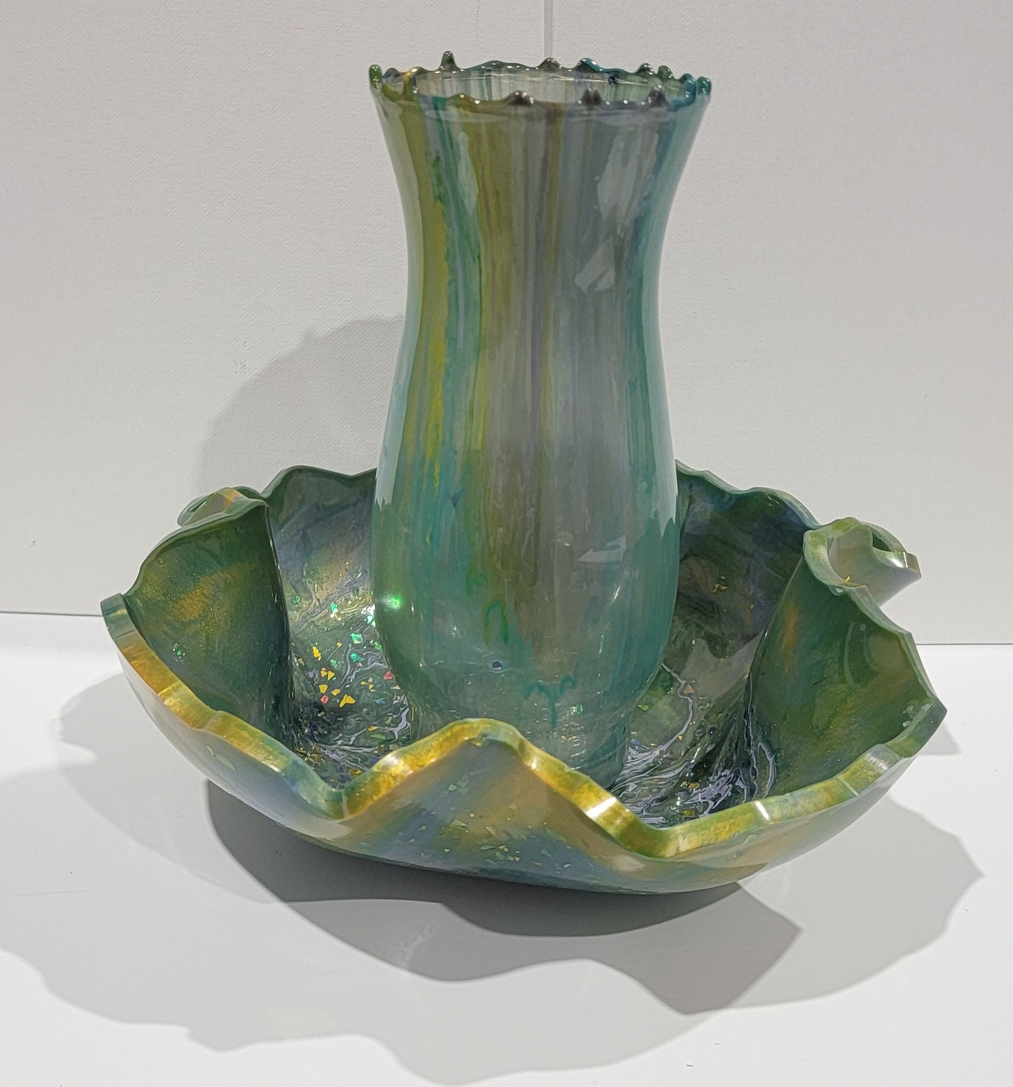 Green/Yellow/Purple Vase and Matching Bowl