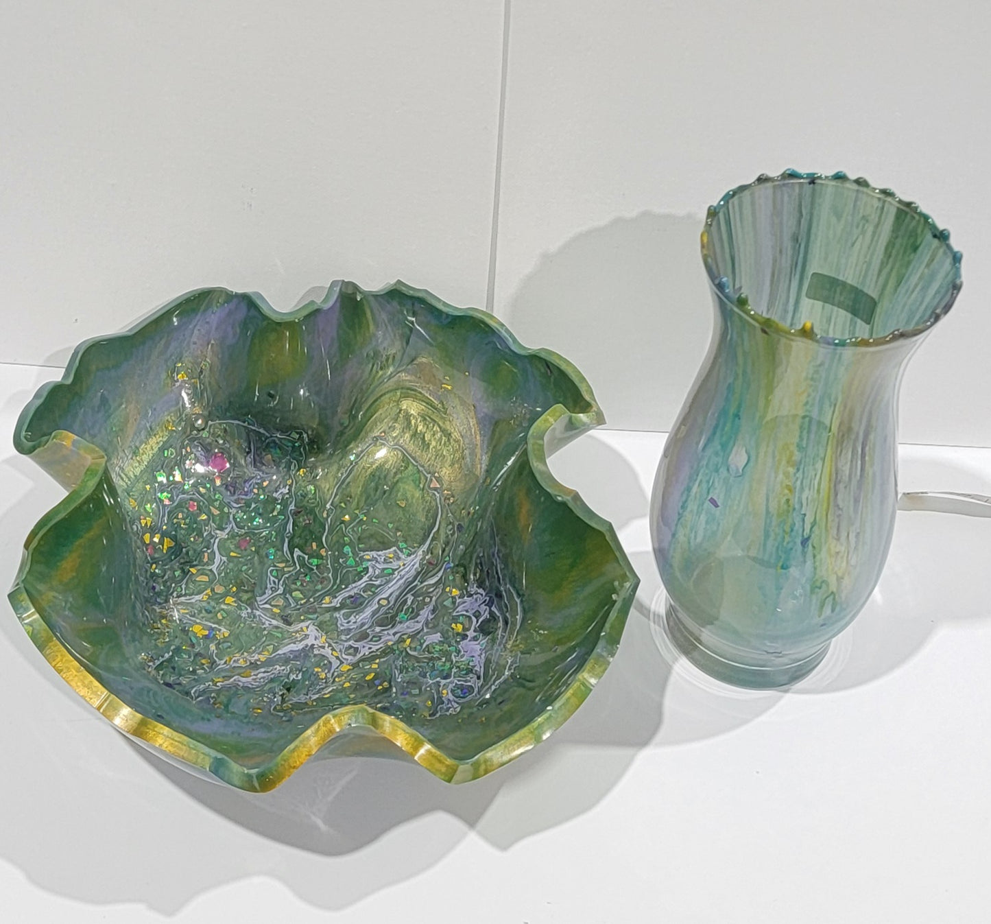 Green/Yellow/Purple Vase and Matching Bowl