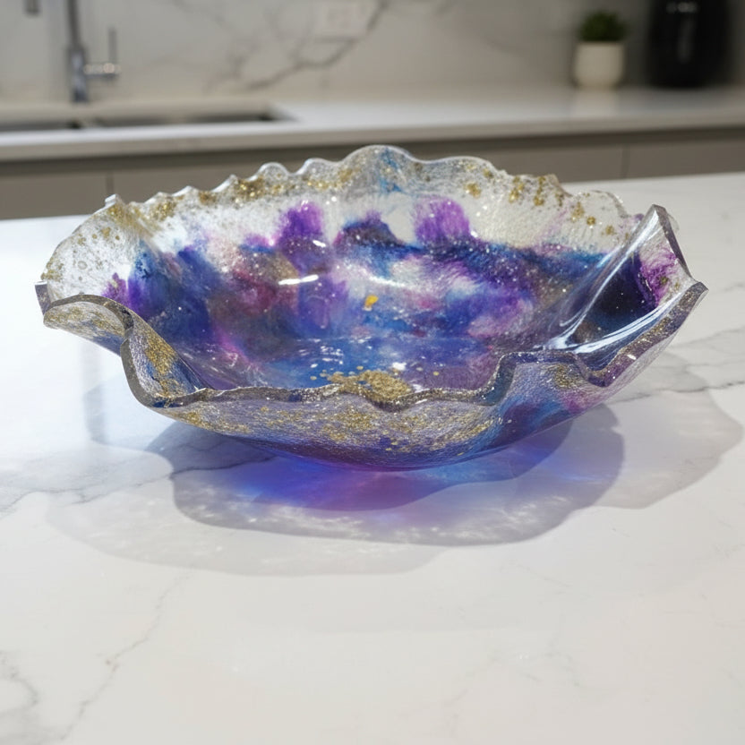 Purple Blue Resin Art Bowl with Gold Glitter – Artistic Home Décor