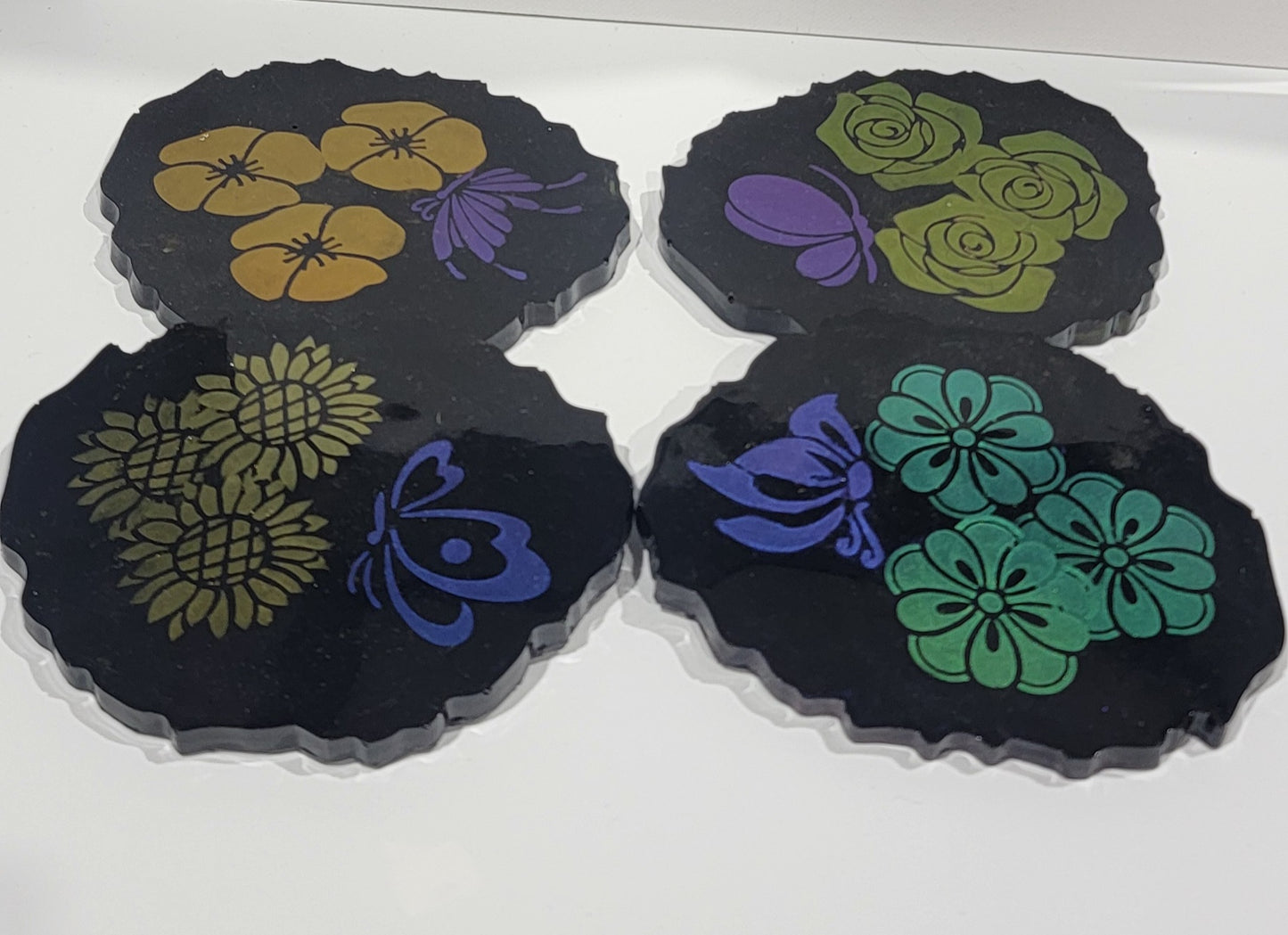 Black Coasters with Mica Flowers