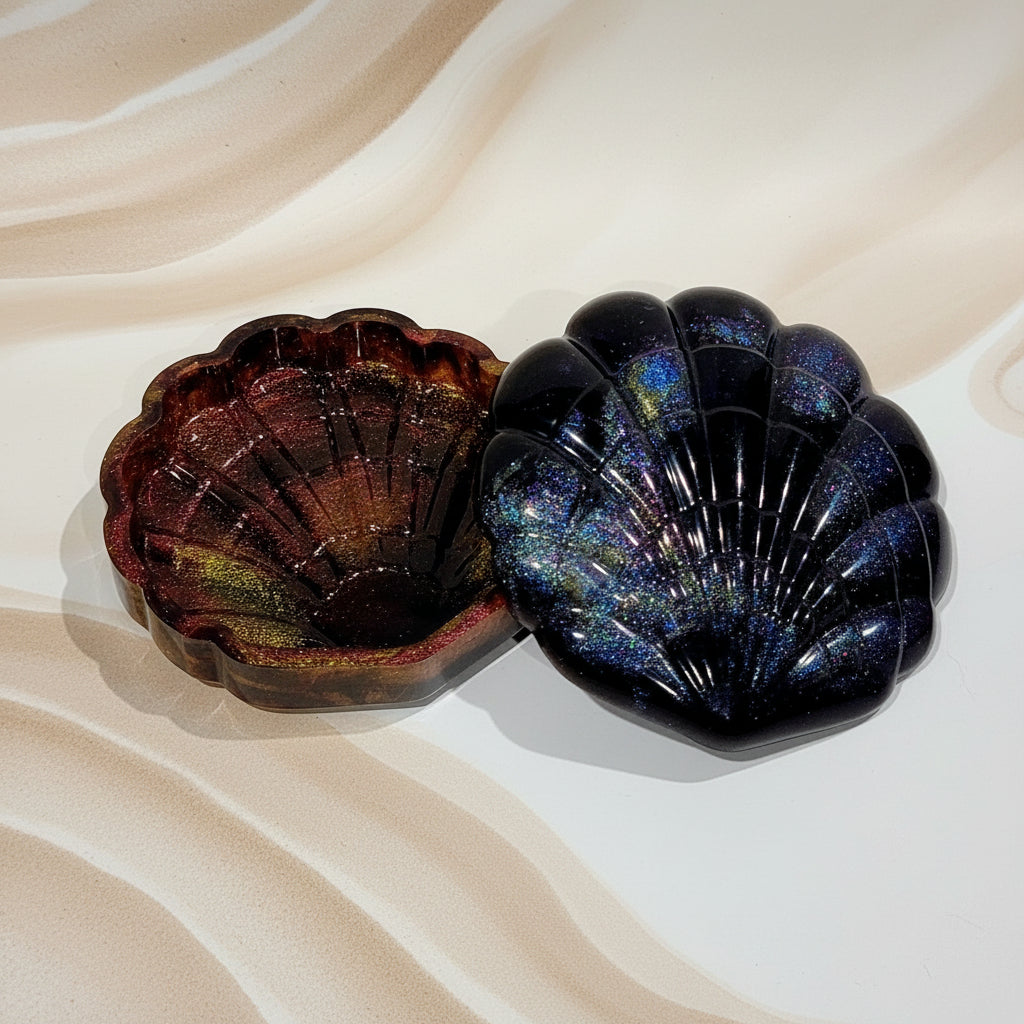 Glossy Black Resin Shell Dish with Colorful Accents