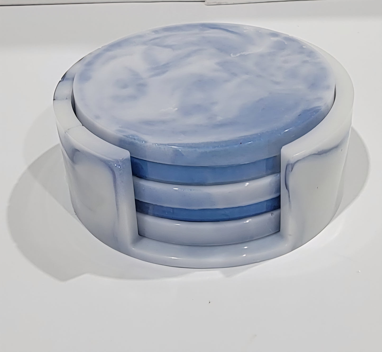 White and Blue Coaster Set w/Holder