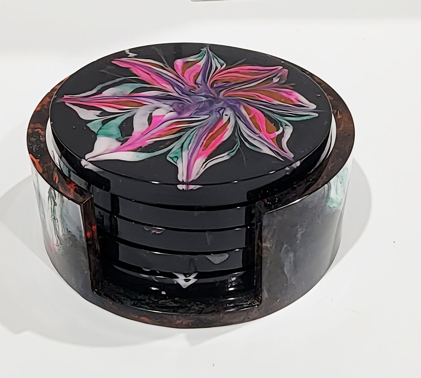 Black w/Blooms set of 5 Coasters w/Holder