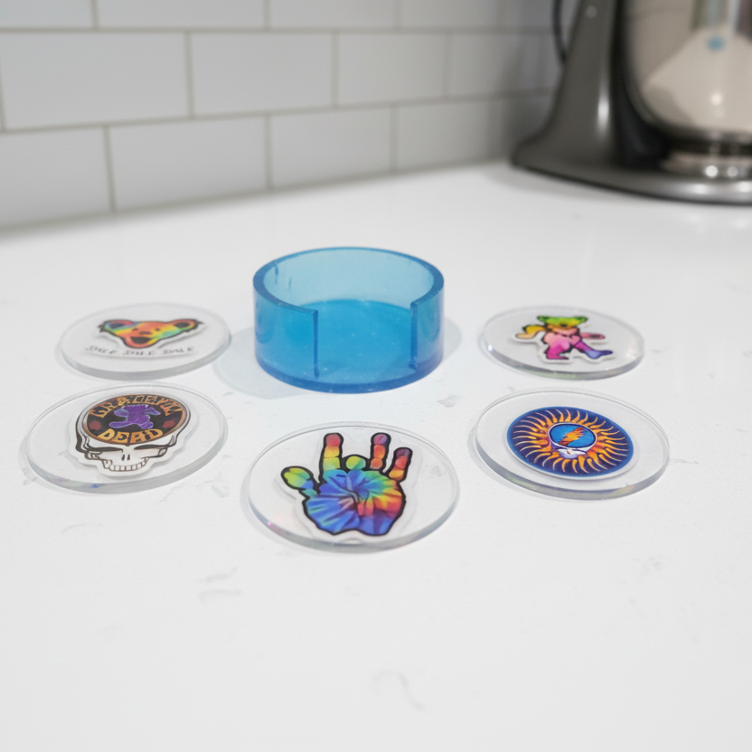 Grateful Dead Holographic Coaster Set of 5 + Matching Holder