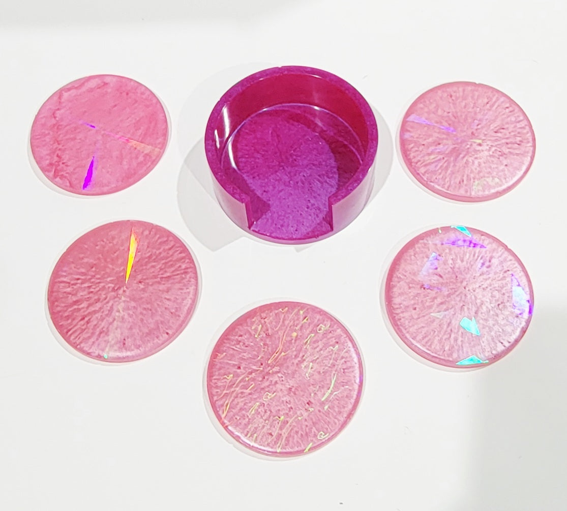 Holographic Pink Coaster set w/Holder