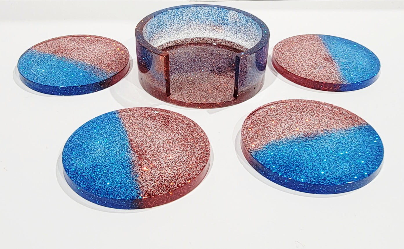 Red and Blue Coaster Set w/Holder