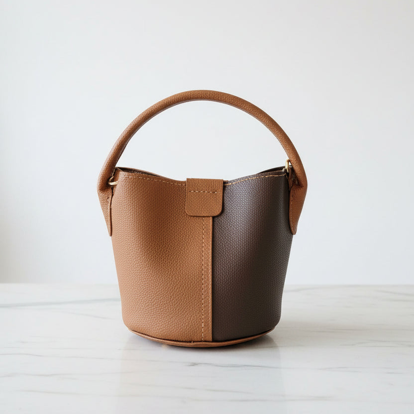 Two Toned Brown Leather Bucket Handbag