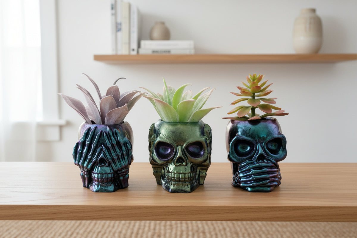 Handcrafted Skull Planter Trio