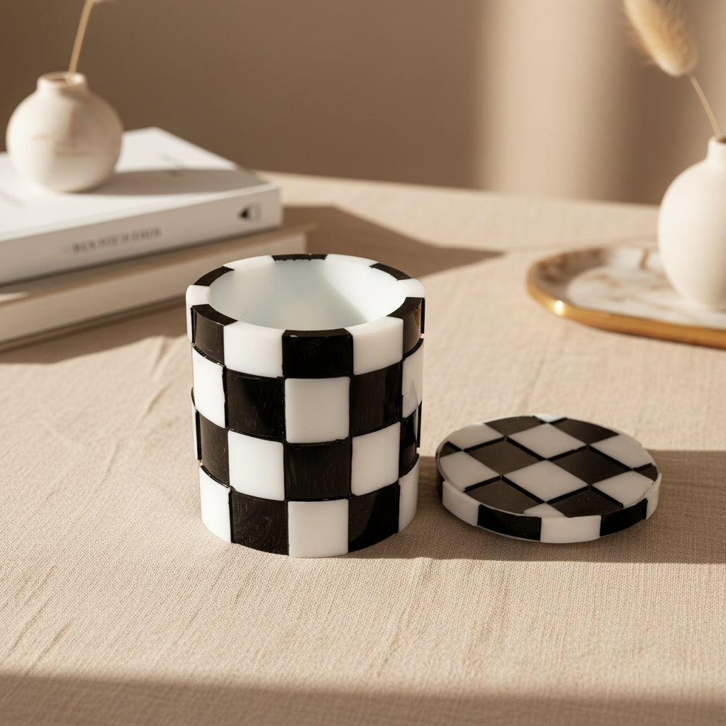 Checkered Black & White Resin Jar