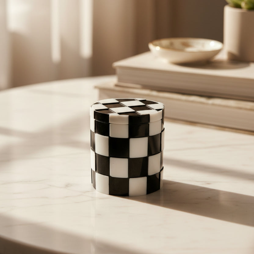 Checkered Black & White Resin Jar