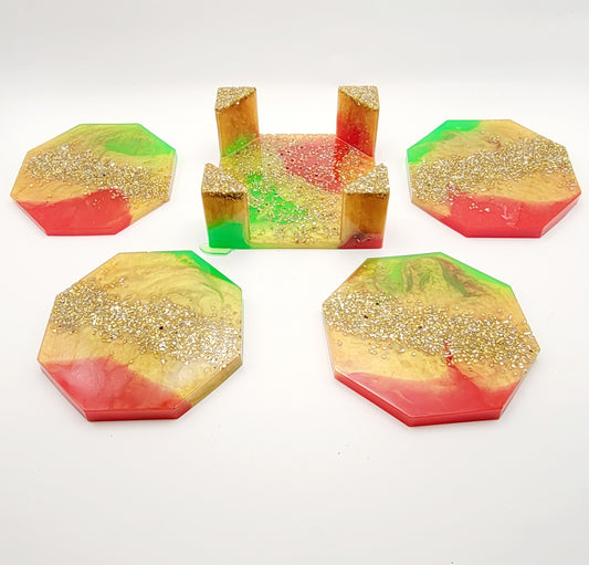 Coasters Octagon Red/Gold/Green w/Stone