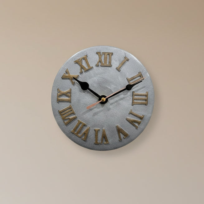 Grey Clock with Gold Numbers