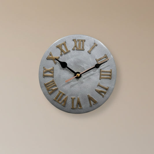 Grey Clock with Gold Numbers
