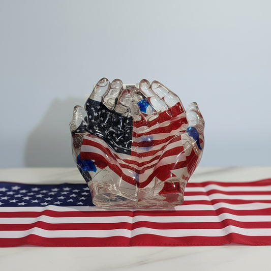 Light Up Hands Holding American Flag Dish