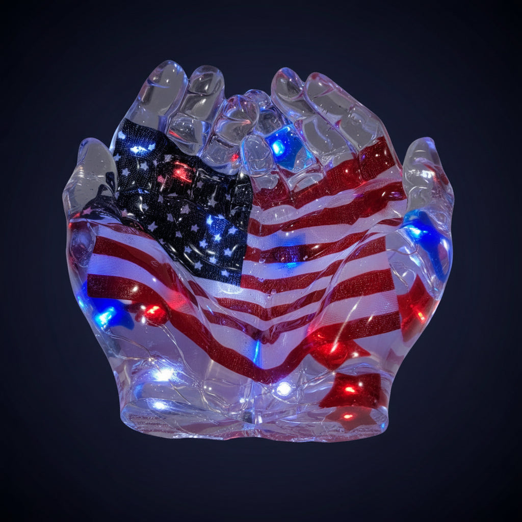 Light Up Hands Holding American Flag Dish