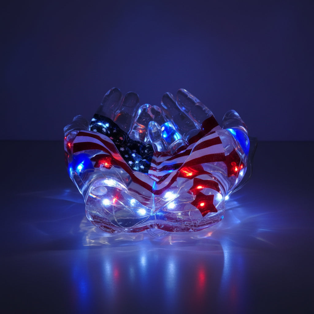 Light Up Hands Holding American Flag Dish