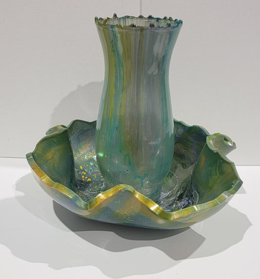 Green/Yellow/Purple Vase and Matching Bowl