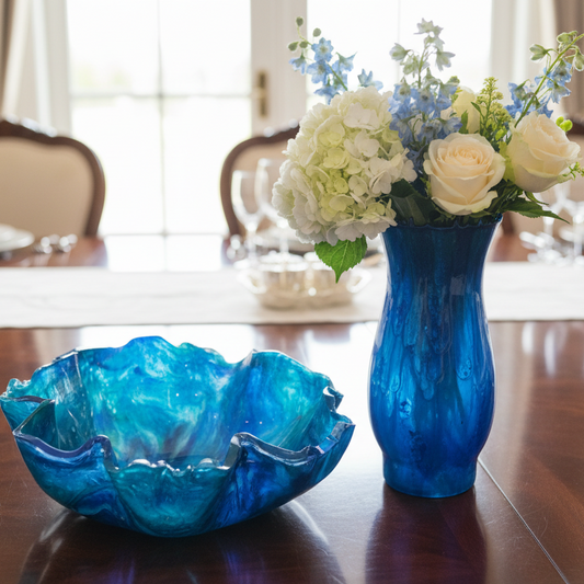 Handcrafted Blue Bowl and Vase Set – Elegant Decorative Accent