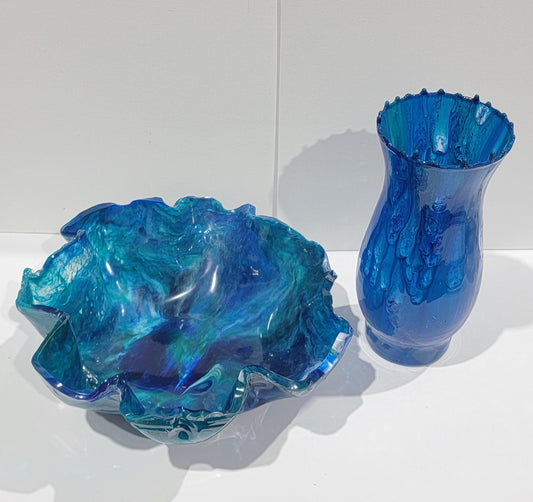 Dark Blue/ Green Vase and Bowl set