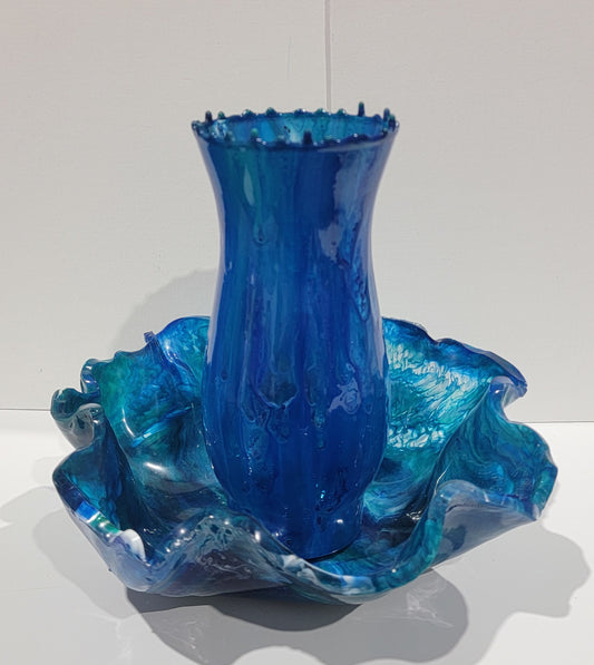 Blue Vase and Matching Bowl Set