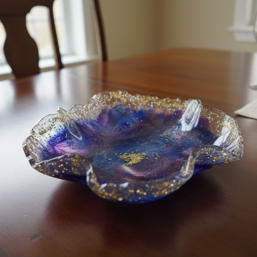 Purple Blue Resin Art Bowl with Gold Glitter – Artistic Home Décor