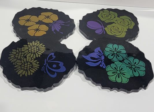 Black Coasters with Mica Flowers