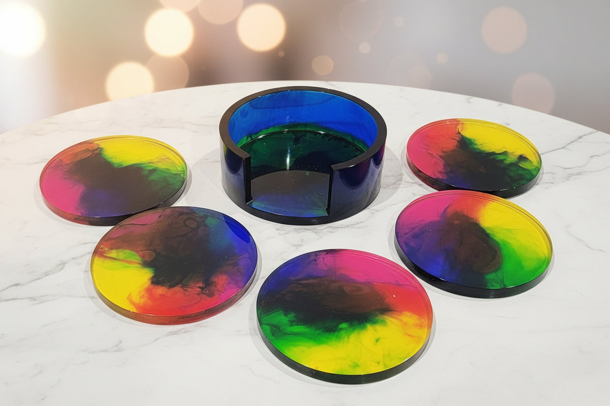 Rainbow Tie‑Dye Coasters – Round Resin Set of Five