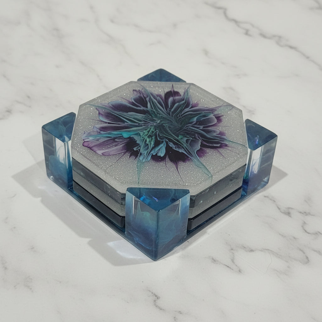 Octagon Purple Bloom Resin Coaster Set with Holder