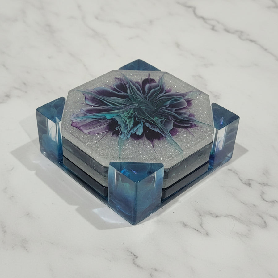 Octagon Purple Bloom Resin Coaster Set with Holder