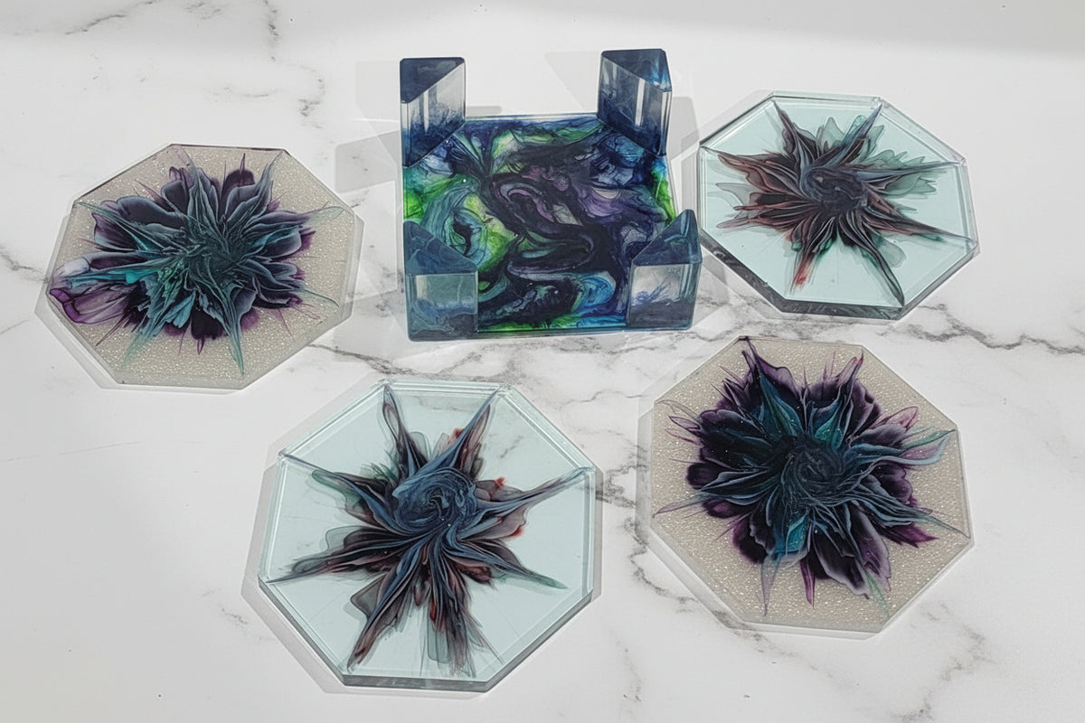 Octagon Purple Bloom Resin Coaster Set with Holder