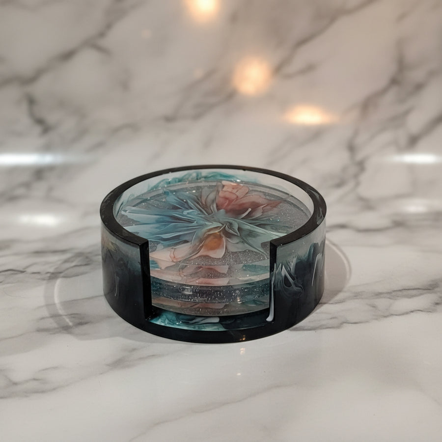 Handcrafted Circular Bloom Coasters (Set of 4 + Holder)