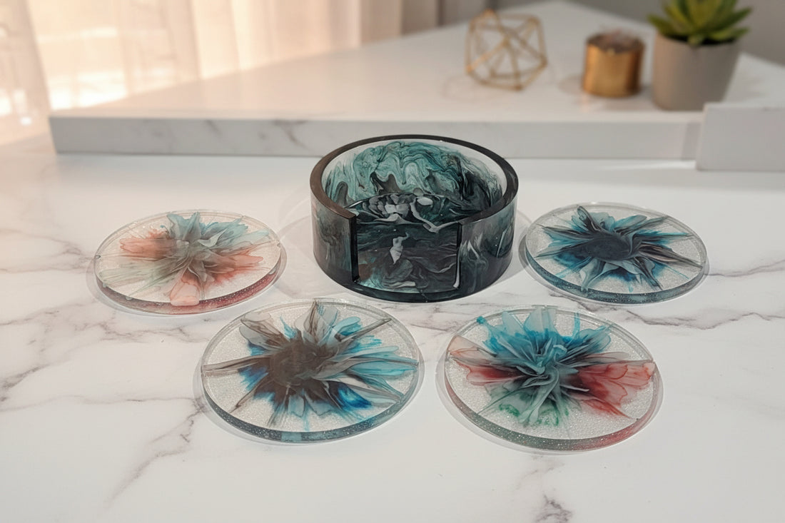 Handcrafted Circular Bloom Coasters (Set of 4 + Holder)
