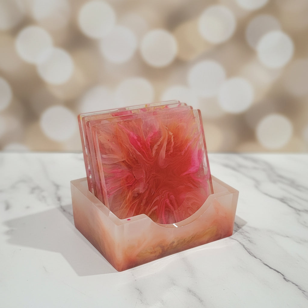 Handcrafted Square Pink Bloom Coasters (Set of 5 + Holder)