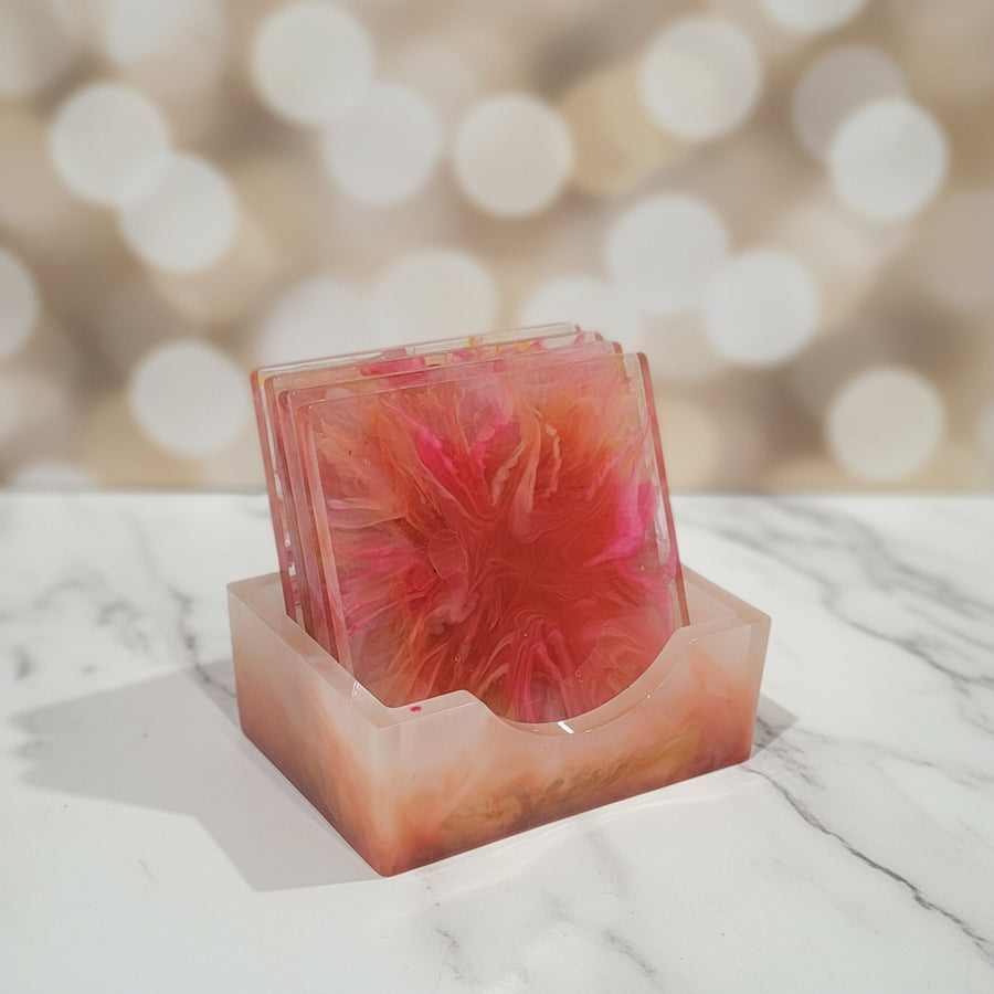 Handcrafted Square Pink Bloom Coasters (Set of 5 + Holder)