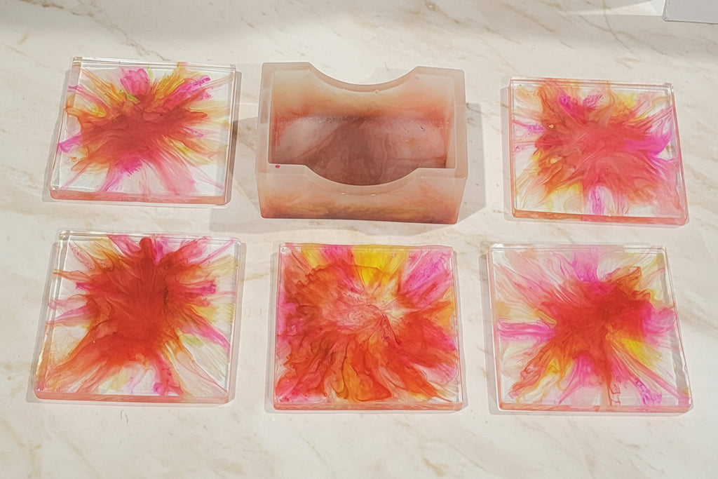 Handcrafted Square Pink Bloom Coasters (Set of 5 + Holder)