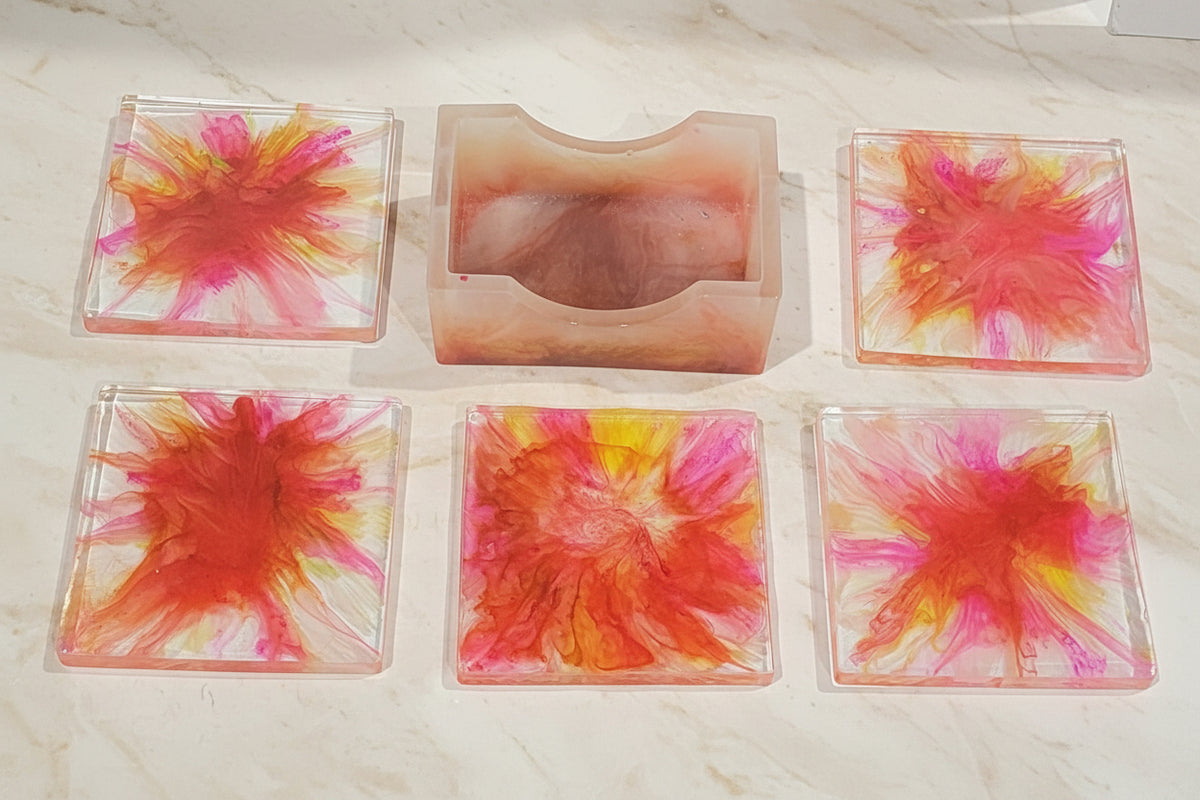 Handcrafted Square Pink Bloom Coasters (Set of 5 + Holder)