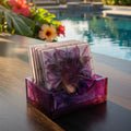 Handcrafted Square Purple Bloom Coasters (Set of 5 + Holder)