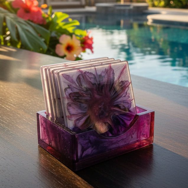 Handcrafted Square Purple Bloom Coasters (Set of 5 + Holder)