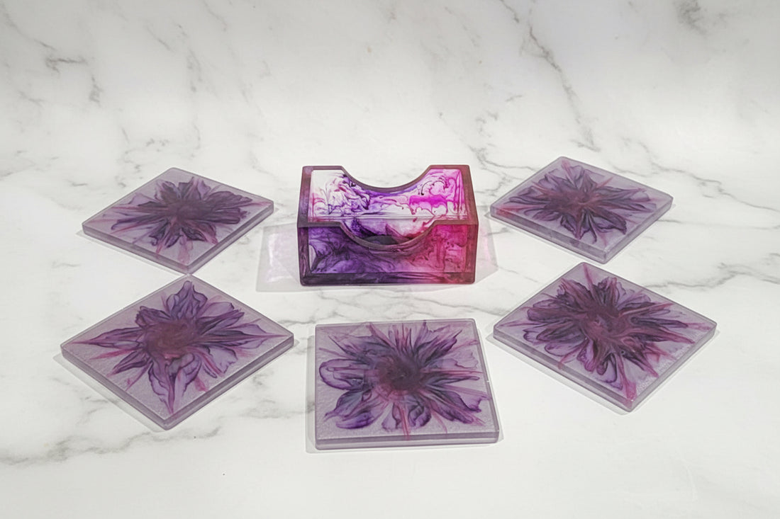 Handcrafted Square Purple Bloom Coasters (Set of 5 + Holder)