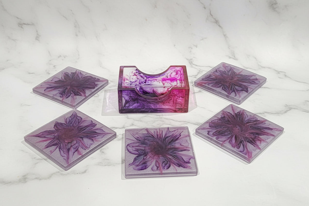 Handcrafted Square Purple Bloom Coasters (Set of 5 + Holder)