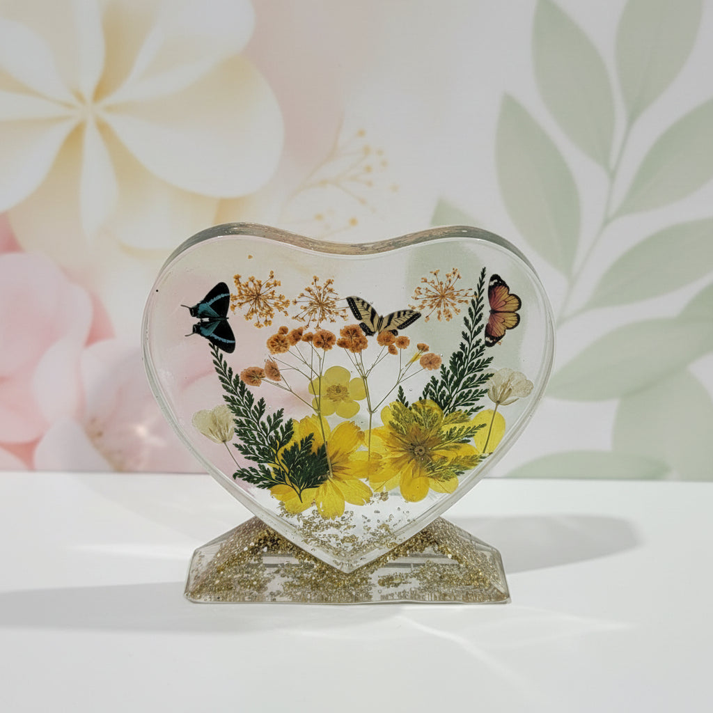 Elegant Double‑Sided Heart Décor in Clear Resin with Gold Highlights