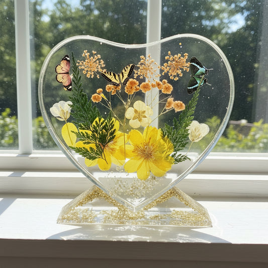 Elegant Double‑Sided Heart Décor in Clear Resin with Gold Highlights