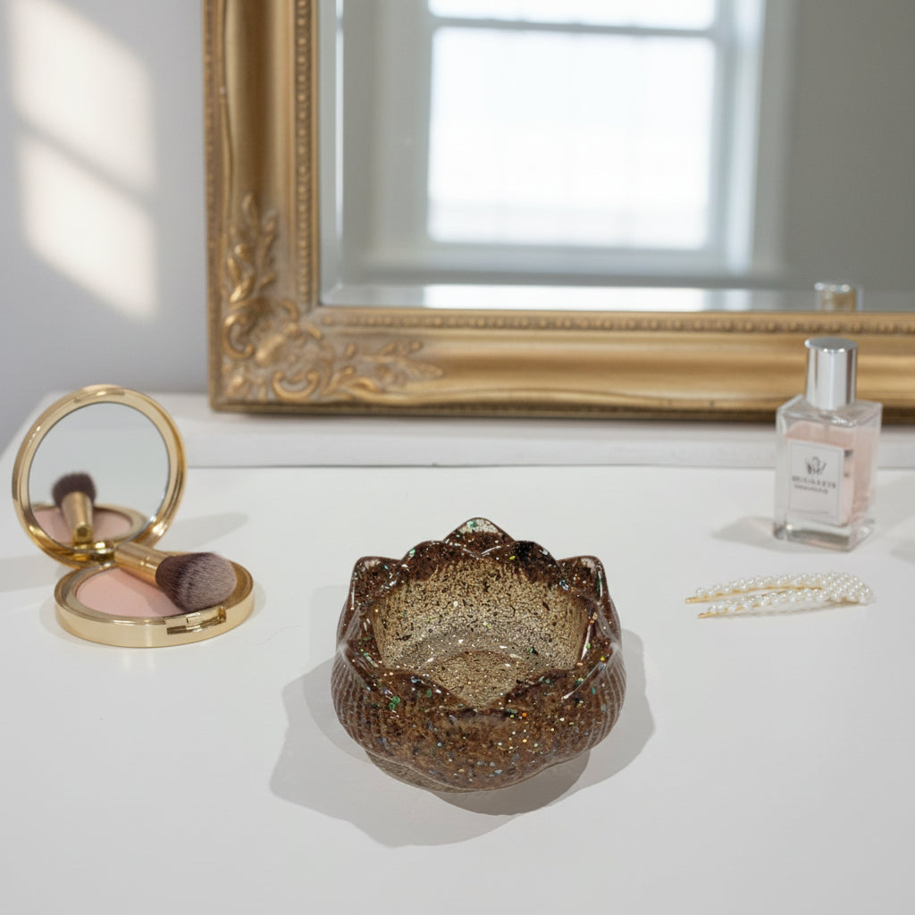 Glossy Gold Glitter Flower Trinket Dish