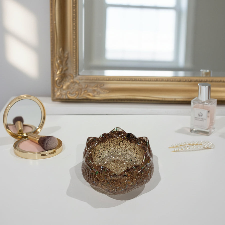 Glossy Gold Glitter Flower Trinket Dish