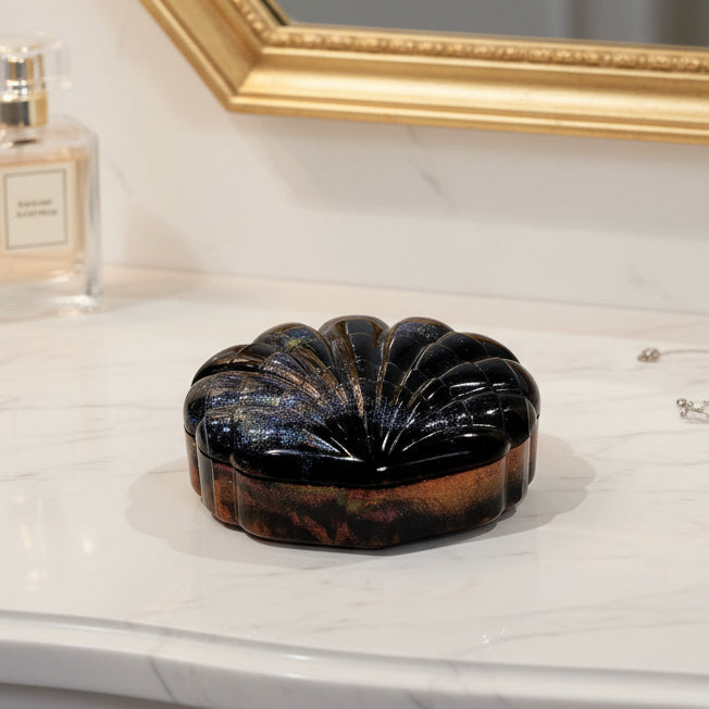 Glossy Black Resin Shell Dish with Colorful Accents