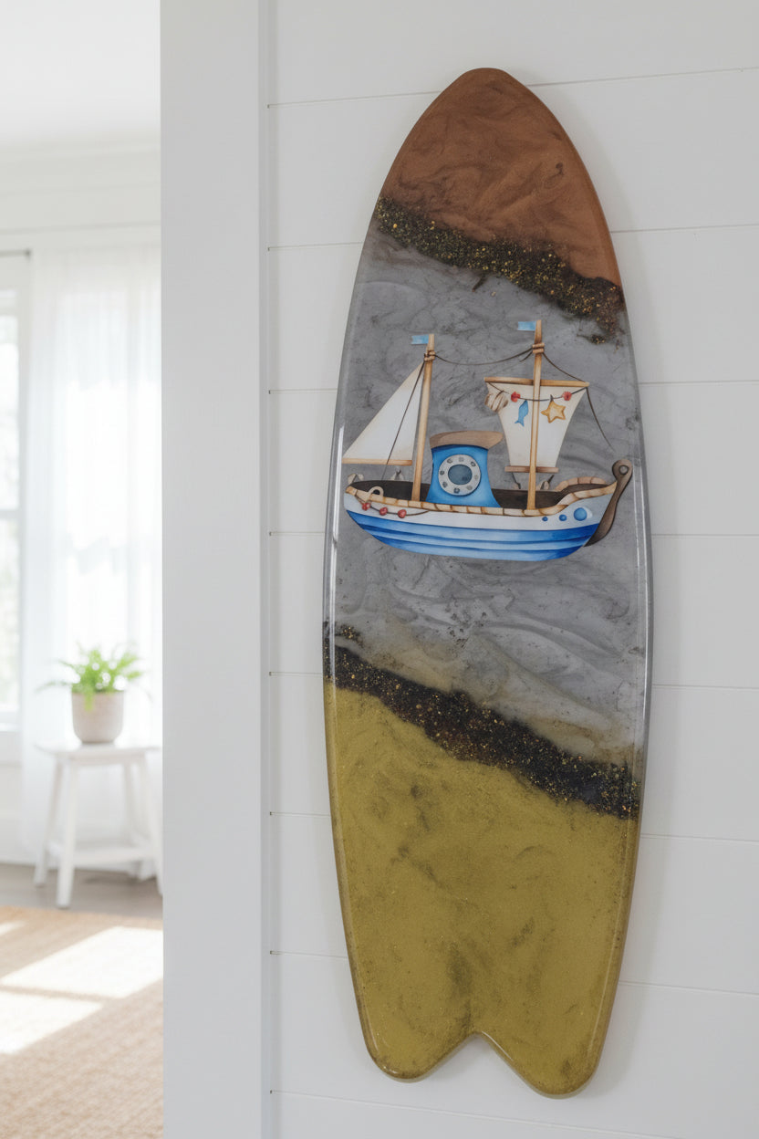 Coastal Ship Surfboard Wall Hanging