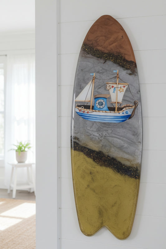 Coastal Ship Surfboard Wall Hanging